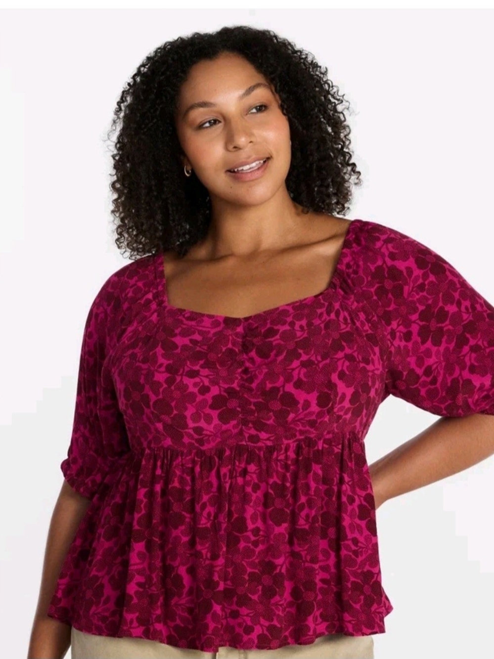 TERRA&SKY Peplum Sweetheart Tunic in Berry Floral